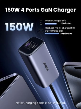 Ugreen 35027 EC706 150W 4 Port 2xUSB-C 30W 1xUSB-C 140W 1xUSB-A 22.5W Gan Araç İçi Hızlı Şarj Aleti