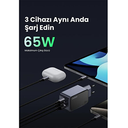 Ugreen Nexode Air 35042 2xUSB-C+USB-A QC/PD 65W GaN Hızlı Şarj Adaptörü