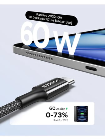 UGREEN USB-C 60W 3A QC PD Örgülü Hızlı Şarj Kablosu, 1 Metre, Siyah, 35254