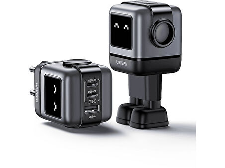 UGREEN Nexode Uno 65W Robot GaN Hızlı Şarj Cihazı 2xUSB-C, 1xUSB-A, Gri 25685