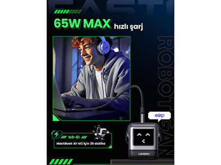 UGREEN Nexode Uno 65W Robot GaN Hızlı Şarj Cihazı 2xUSB-C, 1xUSB-A, Gri 25685