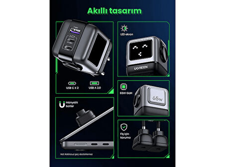 UGREEN Nexode Uno 65W Robot GaN Hızlı Şarj Cihazı 2xUSB-C, 1xUSB-A, Gri 25685