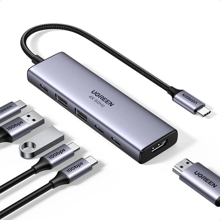 UGREEN 35999 CM511 6 in 1 USB-C to 2xUSB-A 3.0 Çoklayıcı 1x4K/60Hz HDMI 1xSD 1xTF Kart Okuyucu 1xUSB-C PD 100W Şarj Desteği Çok Fonksiyonlu Bağlantı İstasyonu