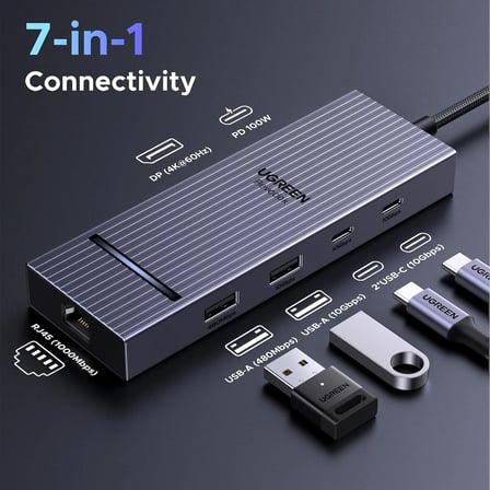 UGREEN 45365 CM880 Revodok Pro 207 7 in 1 USB-C Çoklayıcı 2xUSB-A 2xUSB-C 2x4K/60Hz HDMI 1xUSB-C PD 100W Şarj Çok Fonksiyonlu Bağlantı İstasyonu