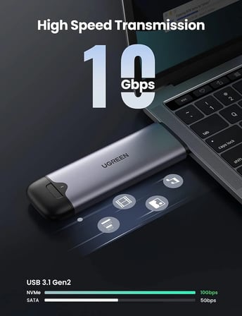 Ugreen 55152 CM353 M.2 NVMe PCIe SSD M-Key M+B Key USB 3.2 Gen2 10Gbps USB-A USB-C 2'si 1 Arada Taşınabilir M.2 Disk Kutusu