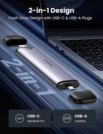 Ugreen 55152 CM353 M.2 NVMe PCIe SSD M-Key M+B Key USB 3.2 Gen2 10Gbps USB-A USB-C 2'si 1 Arada Taşınabilir M.2 Disk Kutusu