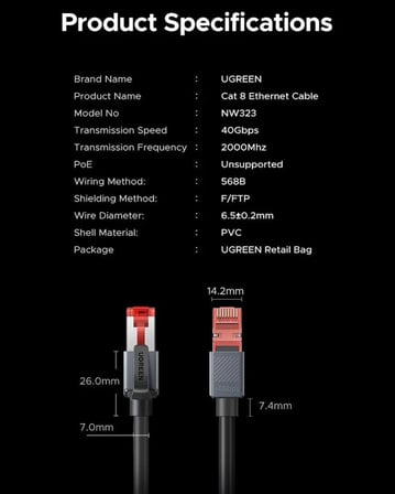 Ugreen 55188 NW323 CAT8 2000MHz 40Gbps Yüksek Ağ Hızı FRP Ethernet Kablo Siyah 2metre