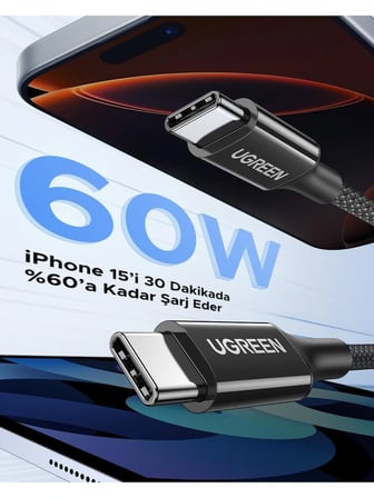 UGREEN USB-C 60W 3A QC PD Örgülü Hızlı Şarj Kablosu, 2 Metre, Siyah, 65245