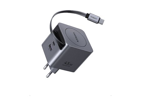 UGREEN 45W Makaralı Dahili Kablolu GaN Duvar Tipi Hızlı Şarj Cihazı Gri
