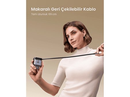 UGREEN 45W Makaralı Dahili Kablolu GaN Duvar Tipi Hızlı Şarj Cihazı Gri