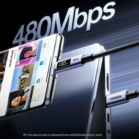 Ugreen 65862 L529 100W PD USB-C to USB-C Dijital Ekranlı Hızlı Şarj ve Data Kablo Örgülü 1metre