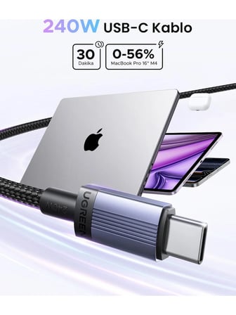 UGREEN USB-C 240W PD Hızlı Şarj Kablosu, 1 Metre, Siyah, 65907