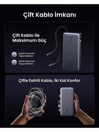 UGREEN Nexode 25.000 mAh 165W Akıllı Ekranlı, Dahili USB-C Kablolu, Hızlı Şarj Powerbank, 55995B