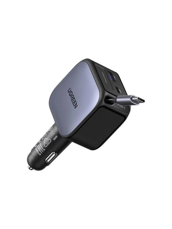 UGREEN 60W USB-C Makaralı Dahili Kablolu Hızlı Araç Çakmaklık Şarj Cihazı, 1x USB-C, 1x USB-A Port, 55212B