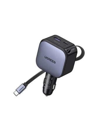 UGREEN 60W USB-C Makaralı Dahili Kablolu Hızlı Araç Çakmaklık Şarj Cihazı, 1x USB-C, 1x USB-A Port, 55212B