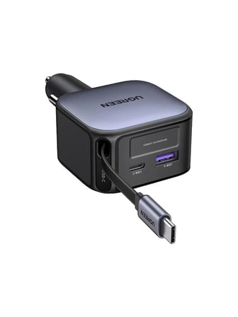 UGREEN 60W USB-C Makaralı Dahili Kablolu Hızlı Araç Çakmaklık Şarj Cihazı, 1x USB-C, 1x USB-A Port, 55212B
