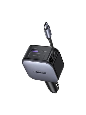 UGREEN 60W USB-C Makaralı Dahili Kablolu Hızlı Araç Çakmaklık Şarj Cihazı, 1x USB-C, 1x USB-A Port, 55212B