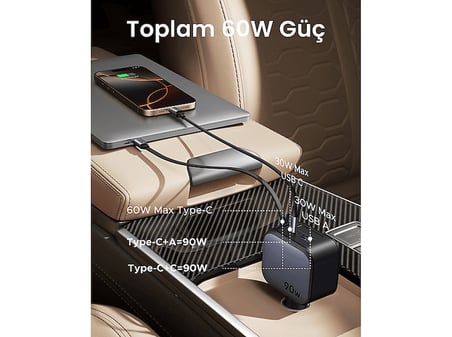 UGREEN 90W 2x USB-C, 1x USB-A Port USB-C Makaralı Dahili Kablolu Hızlı Araç Çakmaklık Şarj Cihazı
