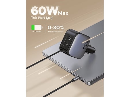 UGREEN 90W 2x USB-C, 1x USB-A Port USB-C Makaralı Dahili Kablolu Hızlı Araç Çakmaklık Şarj Cihazı
