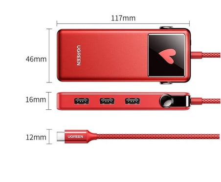 UGREEN 75214 CM888 Q-Pai Pro 7 in 1 USB-C Çoklayıcı 3xUSB-A 3.0 1x4K/60Hz HDMI 1xUSB-C PD 100W Şarj Çok Fonksiyonlu Bağlantı İstasyonu Kırmızı