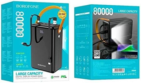 Borofone Powerbank 80000mAh Dijital Ekranlı 3 USB-A Çıkışlı Harici Taşınabilir Güç Bankası Dahili Fener Aydınlatma iPhone Uyumlu Powerbank Android Telefon Uyumlu BJ32