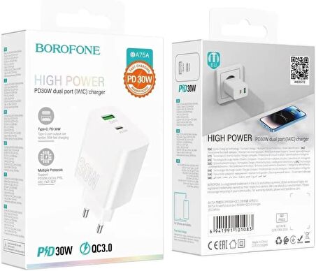 Borofone BA75A USB - Type-C 30 Watt Hızlı Şarj Aleti Beyaz