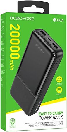 Borofone Powerbank 20000mAh Çift Çıkışlı Şarj Seviyesi Led Göstergeli Kompak ve Hafif Minimalist Tasarım iPhone ve Samsung Uyumlu Güç Bankası Siyah Renk BJ33A