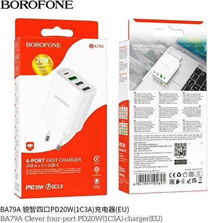 Borofone Şarj 4 Portlu USB-C ve USB-A Kafa 20W iPhone 15 Serisi Uyumlu Şarj Başlık Seyahat ve Duvar Şarj Cihazı Type-C Girişli Tüm Cihazlara Uyumludur BA79A