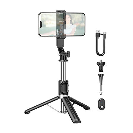 Tripod BY12 Selfie Çubuğu Bluetooth / Uzaktan Kumandalı Siyah