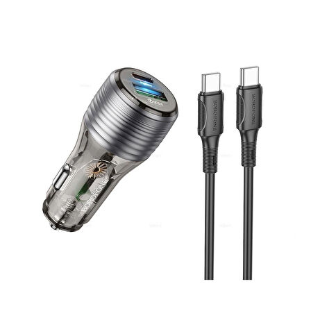 Araç Çakmaklık şarjı TYPE-C & TYPE-C kablolu  Hızlı Şarj Dual Port Car Charger 1x Type-C  1x USB