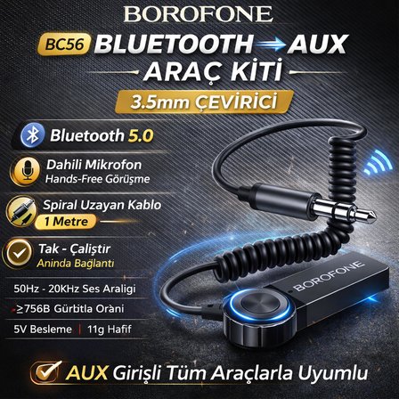 Borofone BC56 Araç İçi Bluetooth to Aux 3.5mm Çevirici Araç Kiti Mikrofonlu