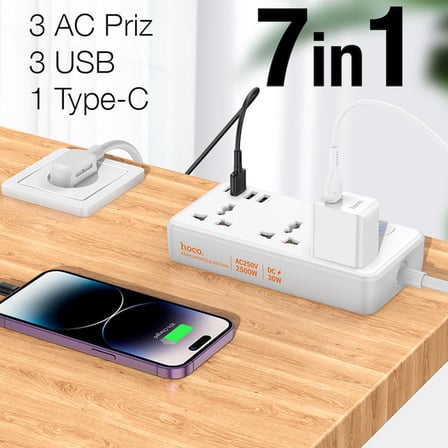 HOCO AC8A 2500W 3 Priz + 3 USB + 30W Type-C Multifonksiyonel Priz Çoğaltıcı Şarj Aleti