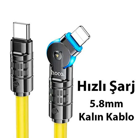 HOCO U118 Döner Başlıklı PD to iPhone Lightning Hızlı Şarj ve Veri Kablosu (Sarı)