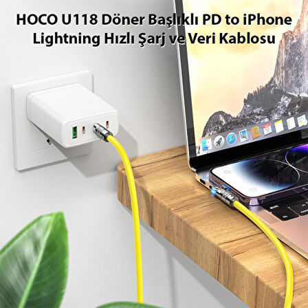 HOCO U118 Döner Başlıklı PD to iPhone Lightning Hızlı Şarj ve Veri Kablosu (Sarı)