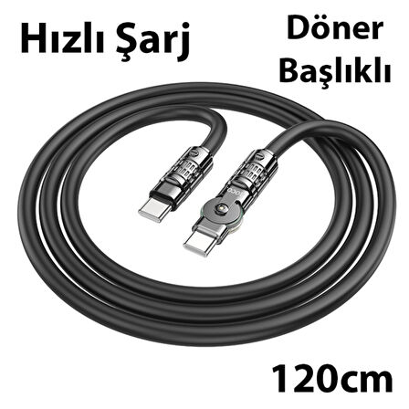 HOCO U118 Döner Başlıklı Type-C to Type-C 60W Hızlı Şarj Data Kablosu 120 Cm (Siyah)