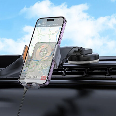 HOCO HW8 Transparent Discovery Edition Kablosuz Şarjlı Araç İçi Torpido Üstü Telefon Tutucu (Gri)