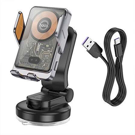 HOCO HW8 Transparent Discovery Edition Kablosuz Şarjlı Araç İçi Torpido Üstü Telefon Tutucu (Gri)