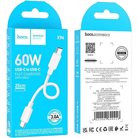 HOCO X96 Hyper 60W Type-C to Type-C Hızlı Şarj Ve Data Kablosu 25cm (Beyaz)