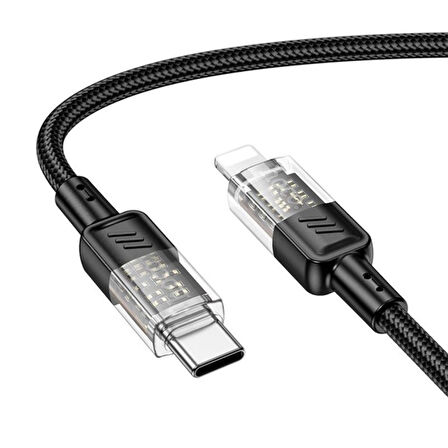 Hoco U129 Transparan Type-C to Lightning Data ve Şarj Kablosu 1m (Siyah)