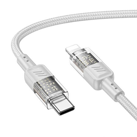 Hoco U129 Transparan Type-C to Lightning Data ve Şarj Kablosu 1m (Gri)