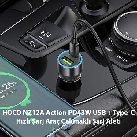 HOCO NZ12A Action PD43W USB + Type-C Hızlı Şarj Araç Çakmaklı Şarj Aleti