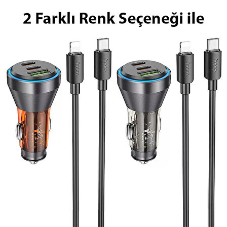 HOCO NZ12D Lucky PD60W 2 Type-C + USB Girişli Araç Çakmaklık Hızlı Şarj Aleti + Type-C to iPhone Kablolu