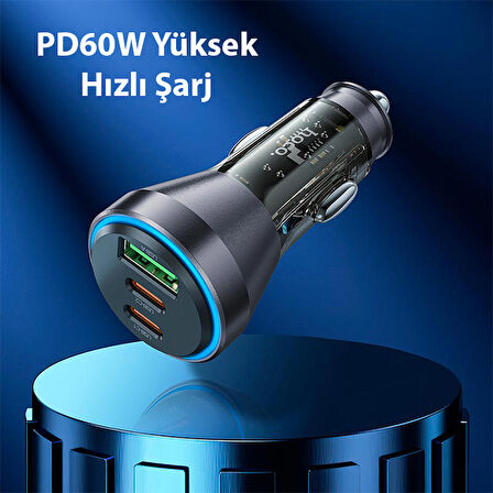 HOCO NZ12D Lucky PD60W 2 Type-C + USB Girişli Araç Çakmaklık Hızlı Şarj Aleti + Type-C to iPhone Kablolu