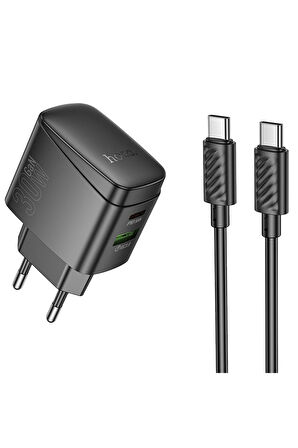 Hoco CS61A Bright 30W 1 Adet Type-C ve 1 Adet USB 3.0 QC Çıkışlı Ekstra Type-C to Type-C Kablolu PD Hızlı Şarj Aleti - Siyah
