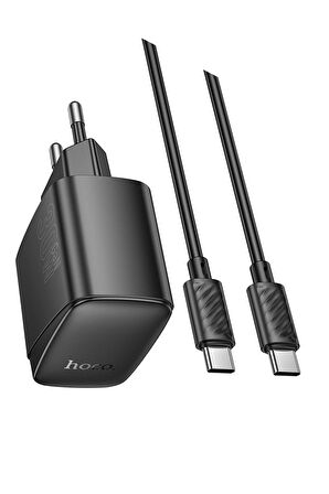 Hoco CS61A Bright 30W 1 Adet Type-C ve 1 Adet USB 3.0 QC Çıkışlı Ekstra Type-C to Type-C Kablolu PD Hızlı Şarj Aleti - Siyah