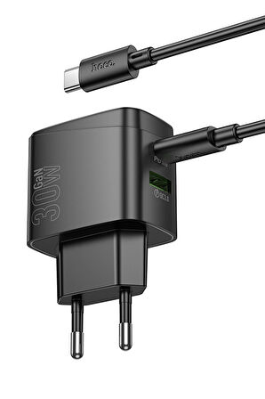 Hoco CS61A Bright 30W 1 Adet Type-C ve 1 Adet USB 3.0 QC Çıkışlı Ekstra Type-C to Type-C Kablolu PD Hızlı Şarj Aleti - Siyah