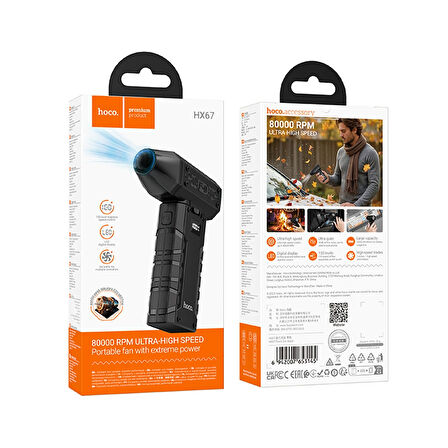 Hoco HX67 Force Dijital Göstergeli 80.000 RPM Hava Kompresörü - Siyah
