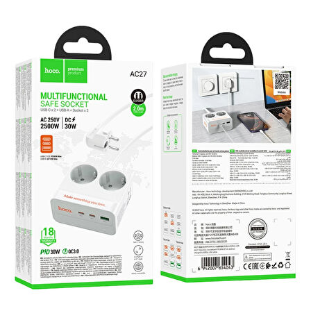 Hoco AC27 Descanso 5in1 2500W Priz 2M - Beyaz