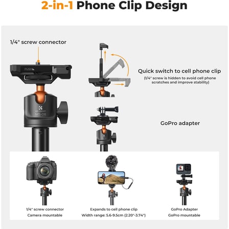 K&F Concept 158CM Bluetooth Selfie Çubuğu & Tripod - Cep Telefonları ve Aksiyon Kameralar ile Uyumlu