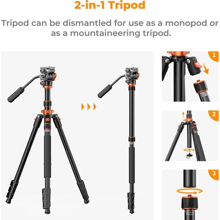 K&F Concept 200CM Alüminyum Tripod (O234A7+FH-03)